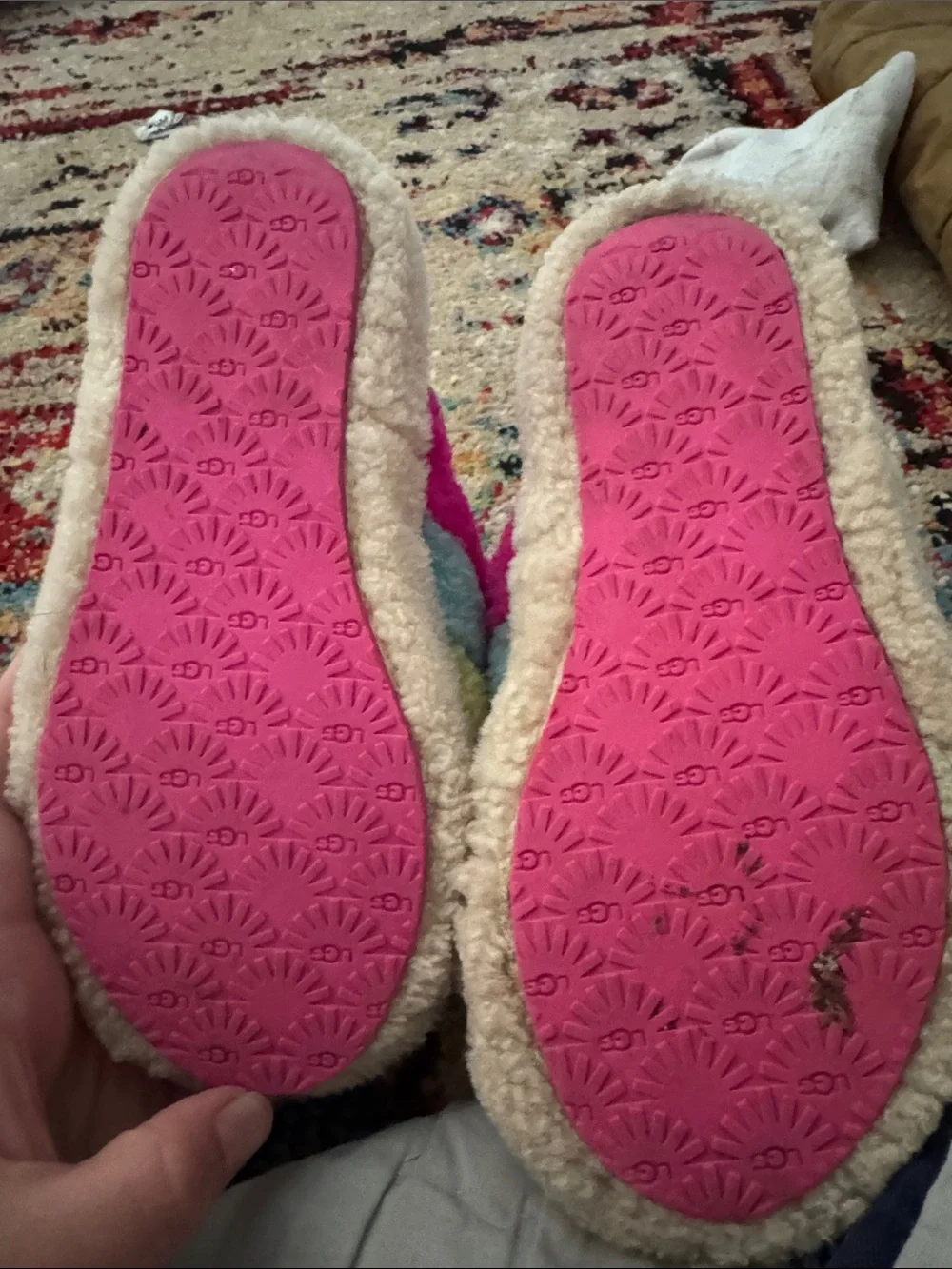 UGG Kids Rainbow Faux-Sherpa Slide Sandals - Pink, Blue, Yellow, Cream